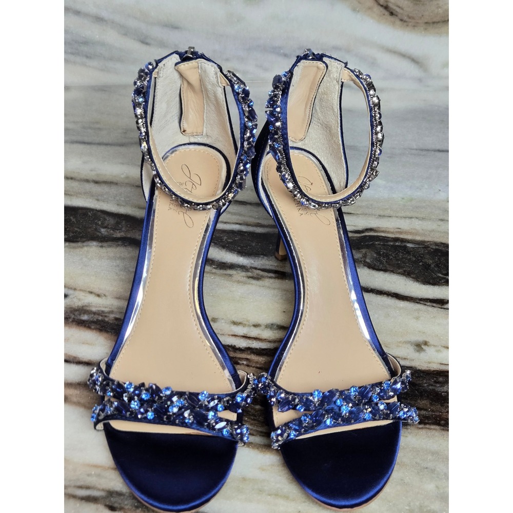 Jewel Badgley Mischka Navy Blue Satin Stone Embellished Ankle Strap Heels 8 - Picture 2 of 11
